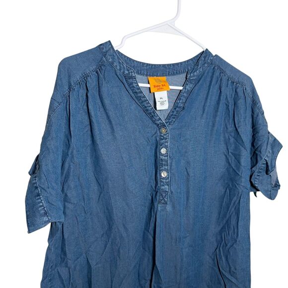 Ruby Rd Blouse Women's Petite Large Blue Popover Chambray Short Sleeve Tie Top - Picture 2 of 10